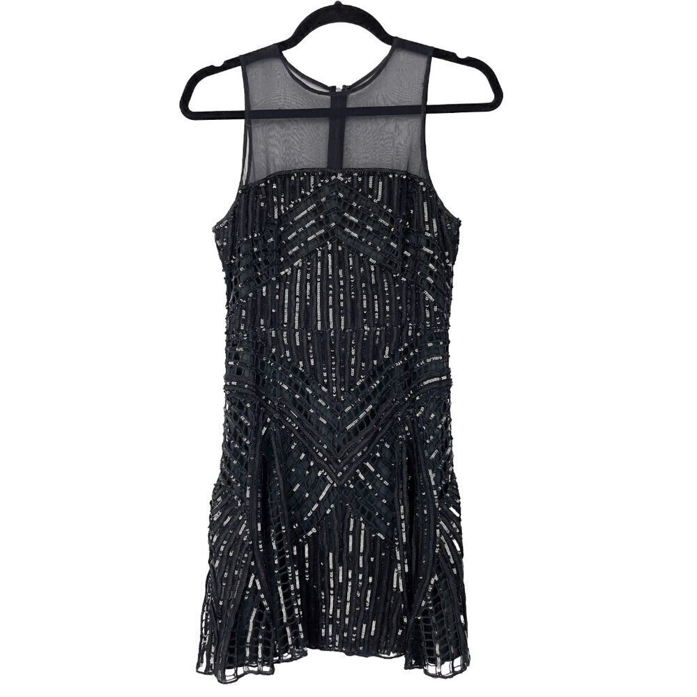 PARKER Designer LBD 100% Silk Sequins Sheer Fit-and-Flare‎ Mini Black Dress sz 6